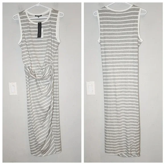 NWT Michael Stars Grey White Stripe Twist Front Sleeveless Midi Maxi Dress Sz M. - Picture 5 of 11